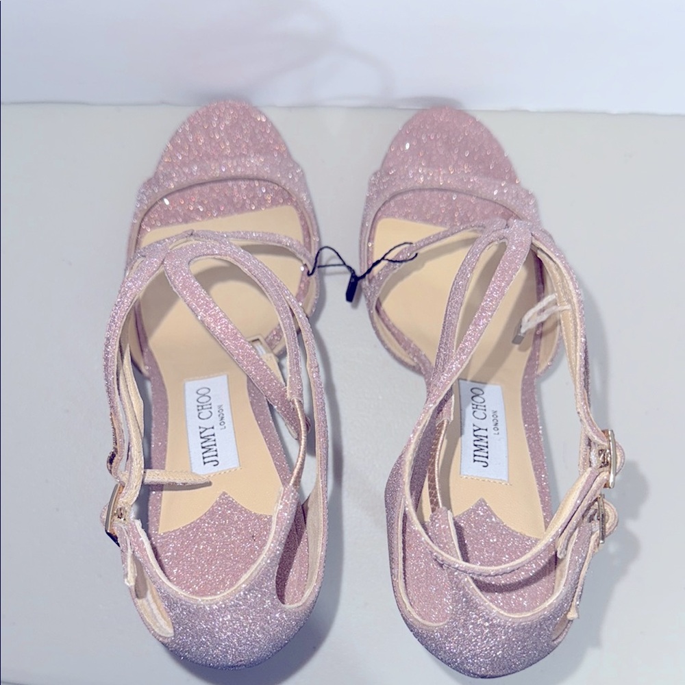 $1330 NEW Jimmy Choo Pink Glitter Stiletto Heels with Strappy Design - Picture 9 of 13